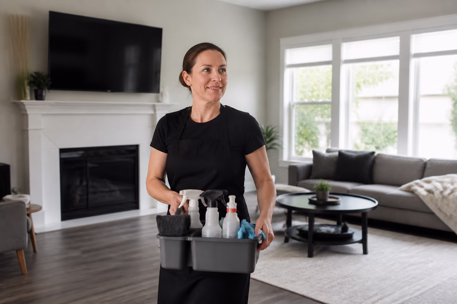 A residential cleaner holding a caddy of cleaning supplies in a bright Ottawa living room during a weekly home cleaning visit, ready to keep the household's daily habits on track.