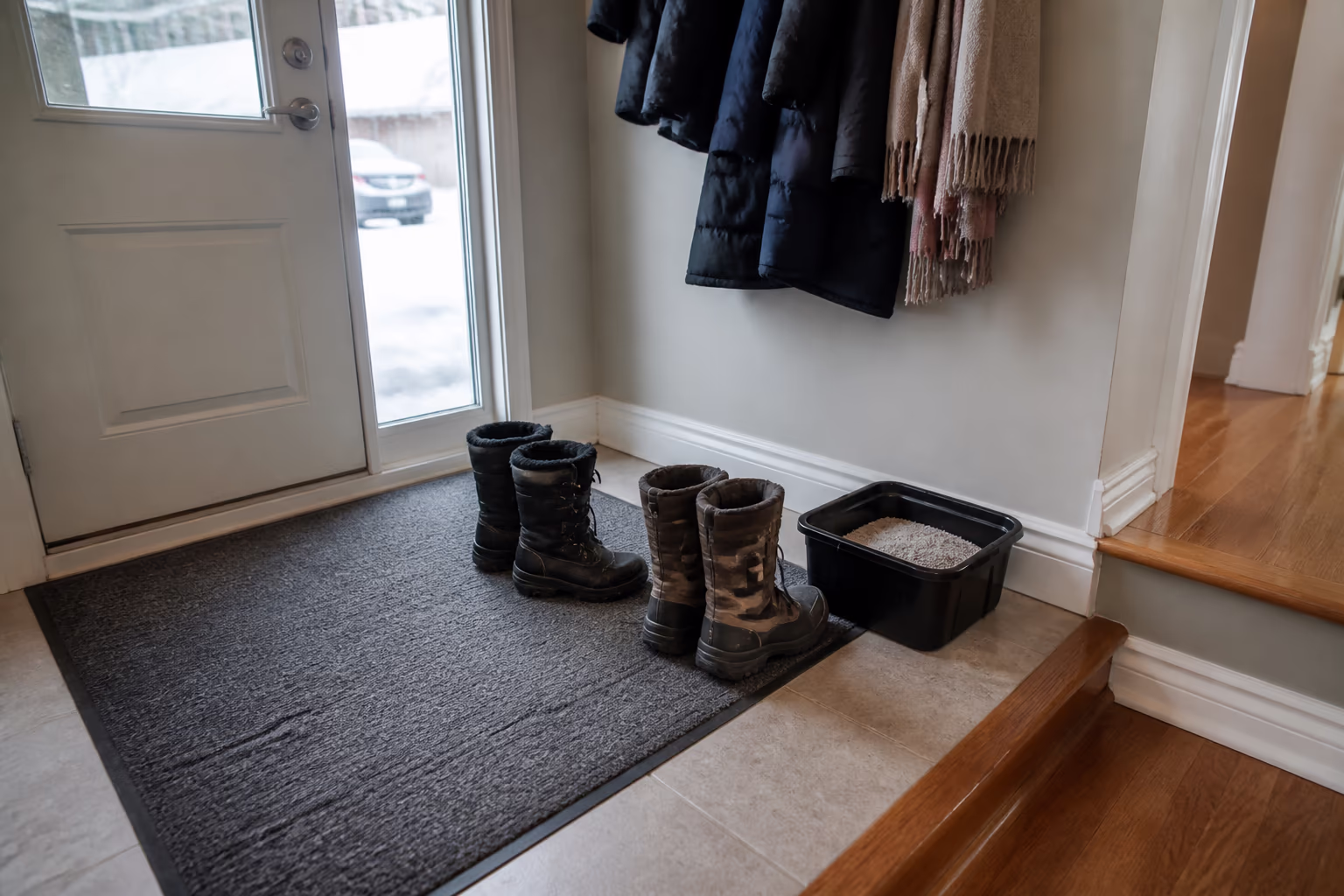 A landscape view of a tidy Ottawa entryway in winter with a boot mat, a small bin for salt and sand and neatly parked boots, showing how the season changes the daily pass at the door.