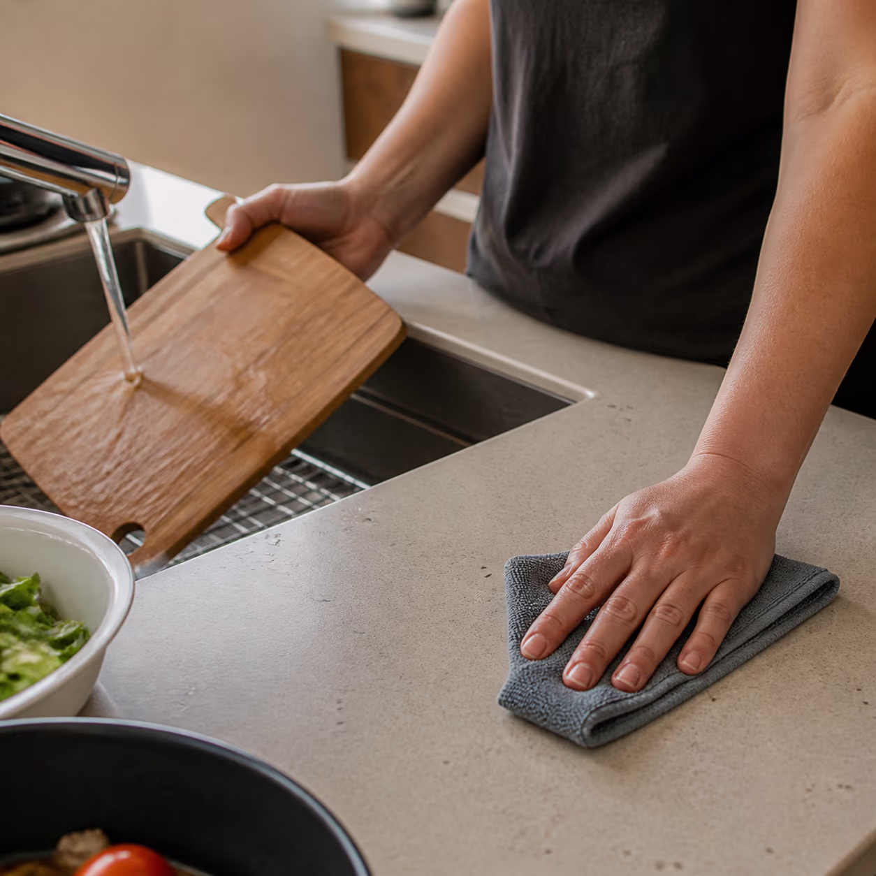 A square close-up of a tidy kitchen counter mid-meal: a cutting board being rinsed and a counter wiped as the cook goes, the clean-as-you-go habit that stops a big mess from building up.
