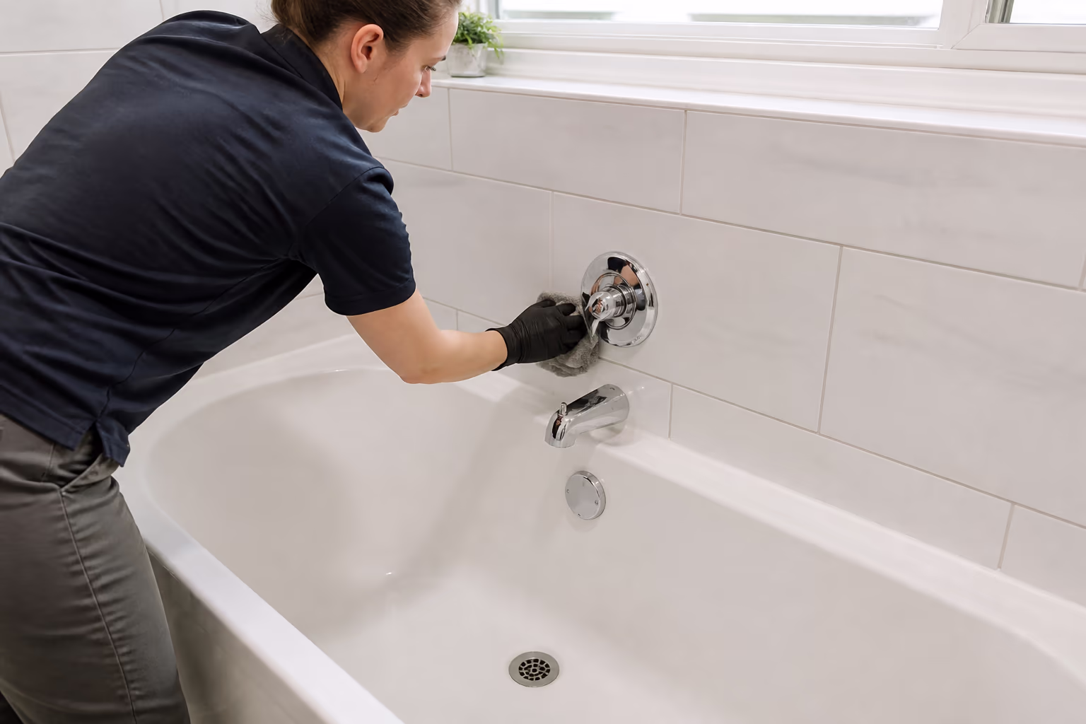 A landscape view of a bathtub being cleaned from top to bottom: a technician spraying the walls, working the rim first and rinsing from the top down so suds carry debris toward the drain in a bright Ottawa bathroom.