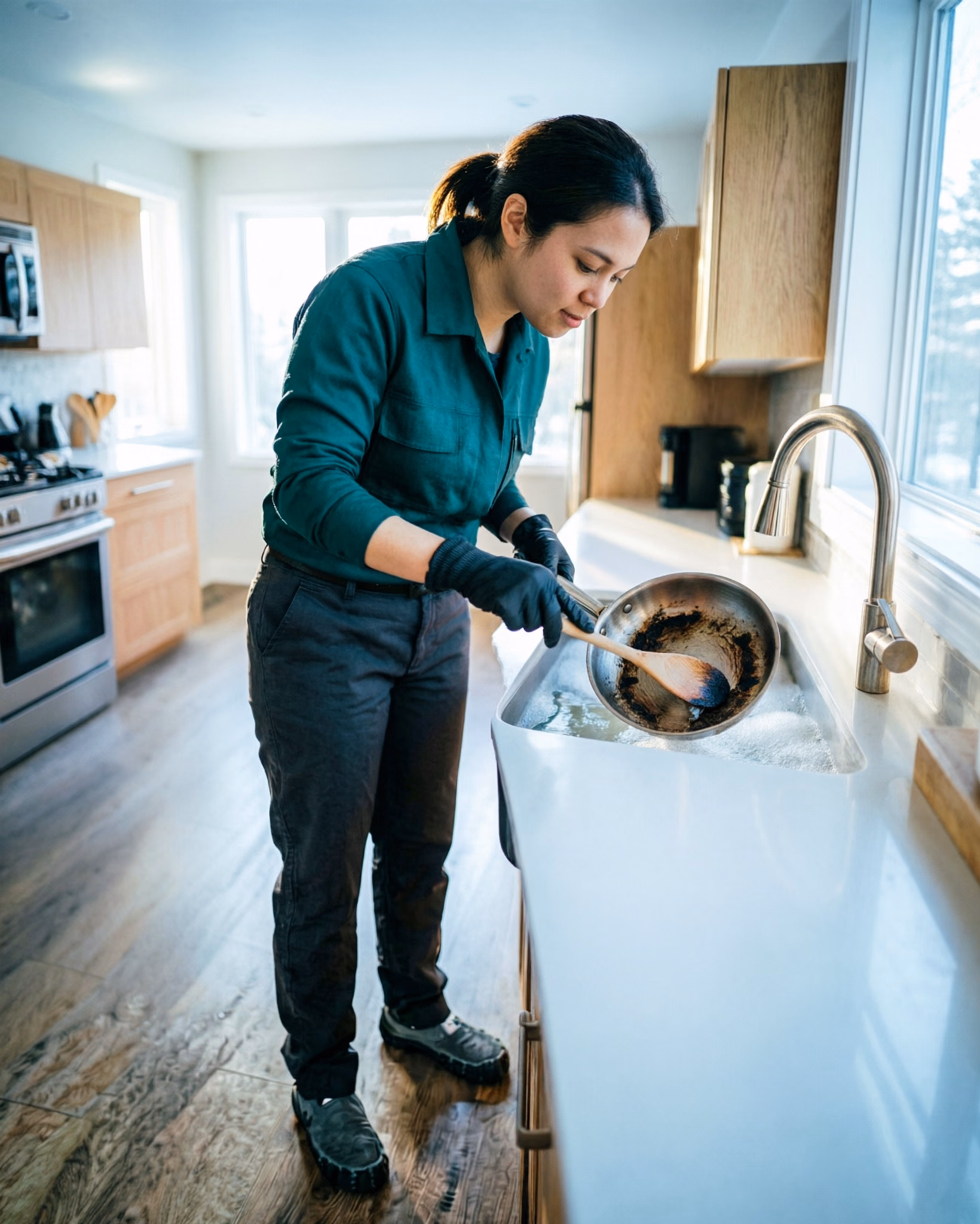 A kitchen cleaner lifting a carbonized crust from a stainless steel pan with a wooden spoon over a sink filled with soapy warm water in a bright Ottawa home kitchen.