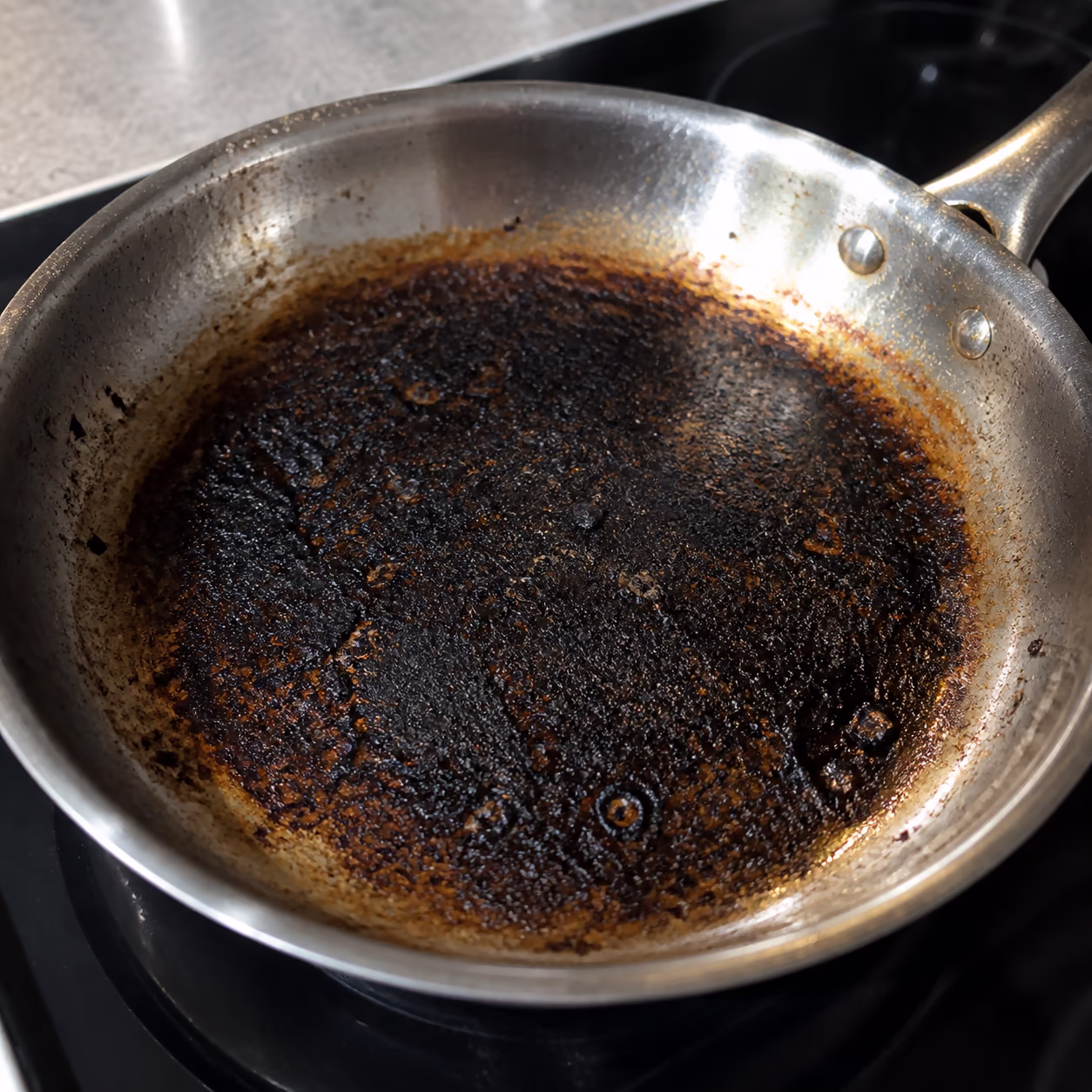 A square close-up of a stainless steel pan bottom with a burnt-on crust and a scorched brown ring, showing how food carbonizes when a pan is left on high heat past the oil's smoke point.