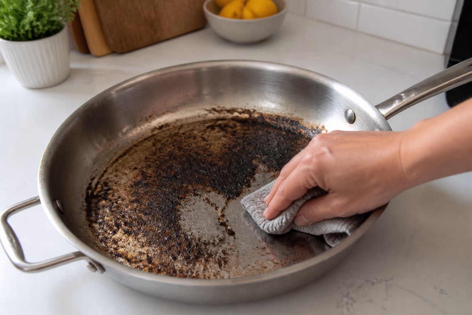 A landscape view of a stainless steel pan simmering on a stovetop, bubbles releasing a burnt crust from the metal while a wooden spoon rests beside it in a bright Ottawa kitchen.