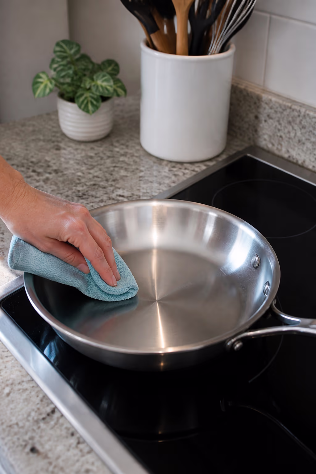 A portrait of a clean, polished stainless steel pan on a stovetop, the surface free of scorch marks and rainbow tint, with a folded microfibre cloth nearby after a soak-and-simmer clean.