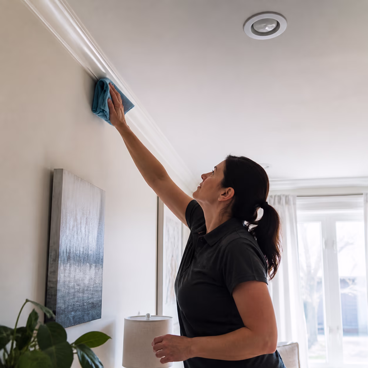 A square view of a professional cleaner dusting ceiling corners and light fixtures first in a bright Ottawa living room, working high to low before wiping the surfaces below.