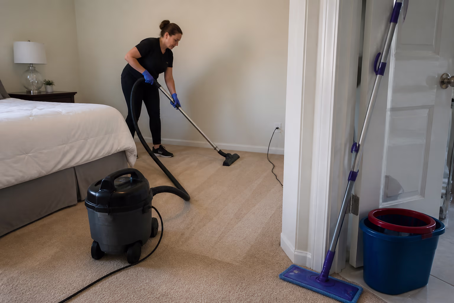 A landscape view of a professional cleaner vacuuming an Ottawa bedroom carpet from the back corner toward the door, with a microfibre flat mop and bucket waiting beside the door frame.