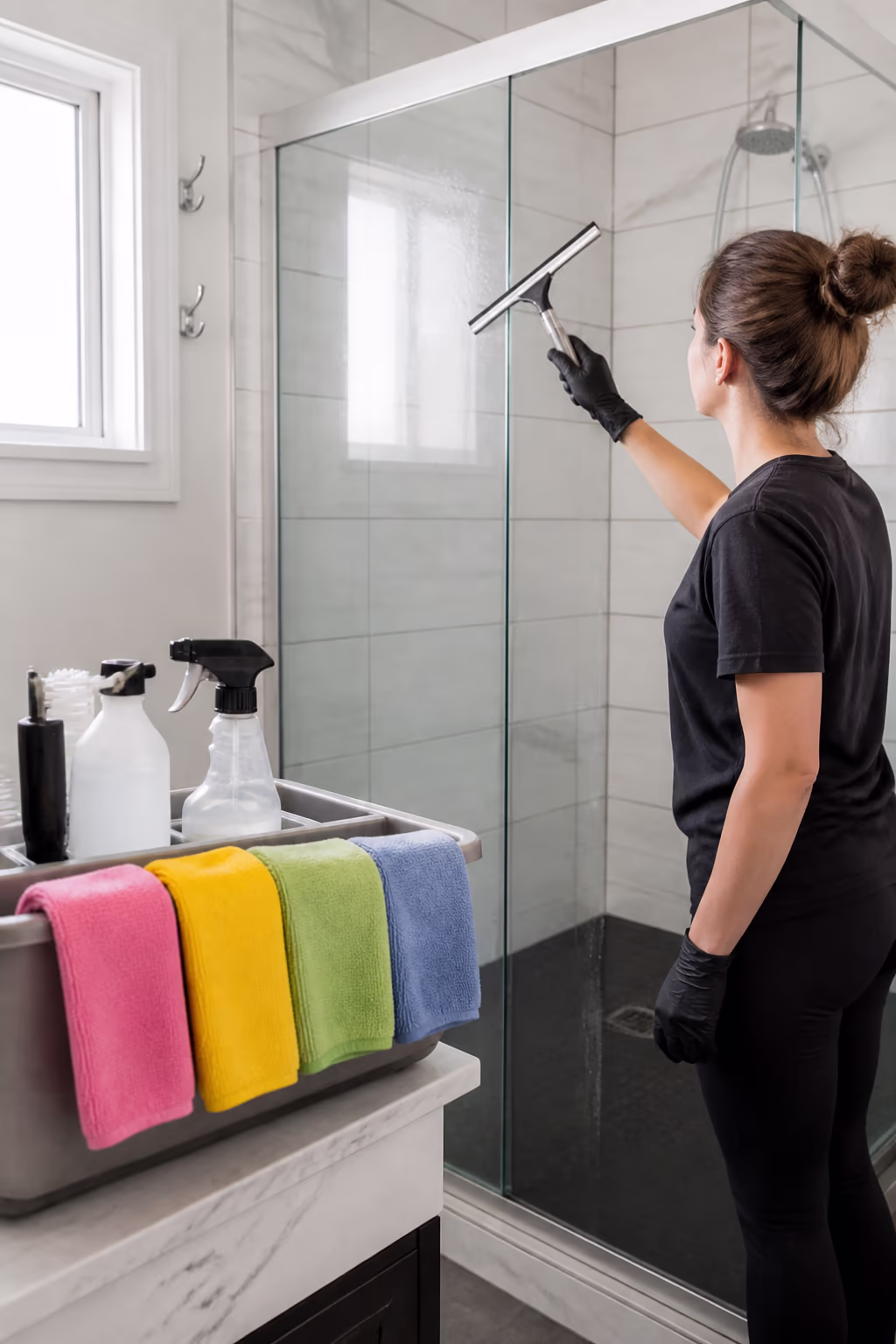 A portrait of colour-coded microfibre cloths folded by room beside a caddy in a bright Ottawa bathroom, with a cleaner wiping a glass shower door using a separate cloth.
