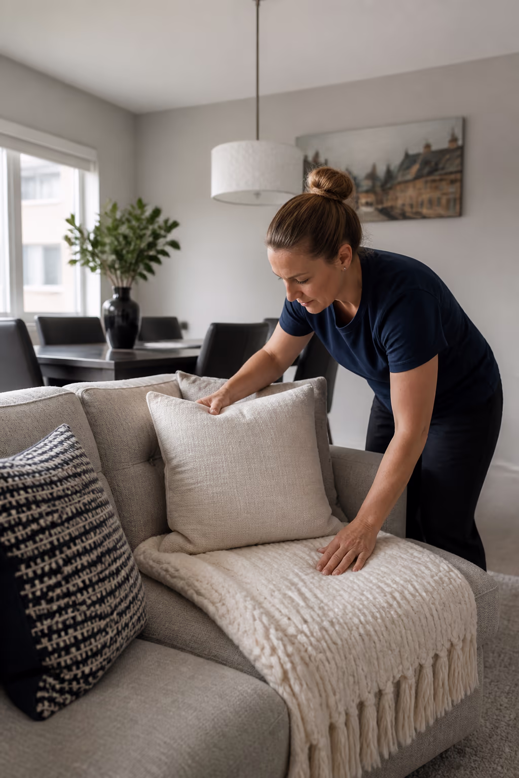 A portrait of a residential cleaner doing the final detail pass in a freshly cleaned Ottawa living room, folding a throw and fluffing a pillow on a tidy sofa.