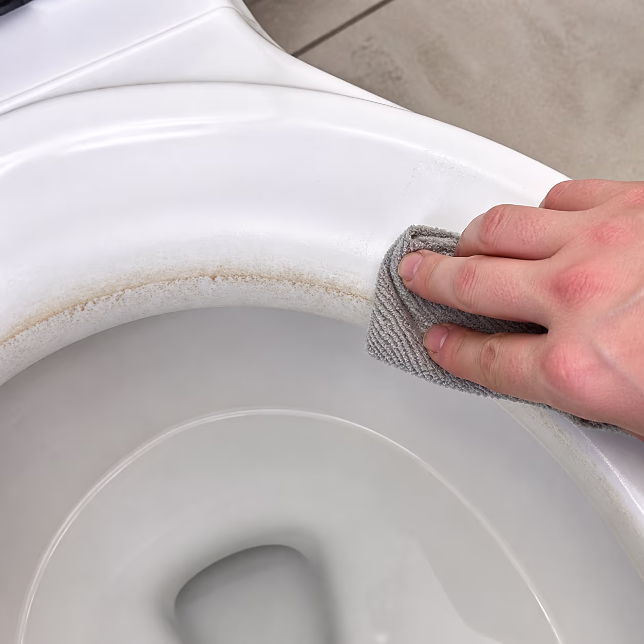 A square close-up of a porcelain toilet bowl rim where a hard-water mineral ring meets the water line, showing the chalky scale that builds where Ottawa tap water sits and dries.