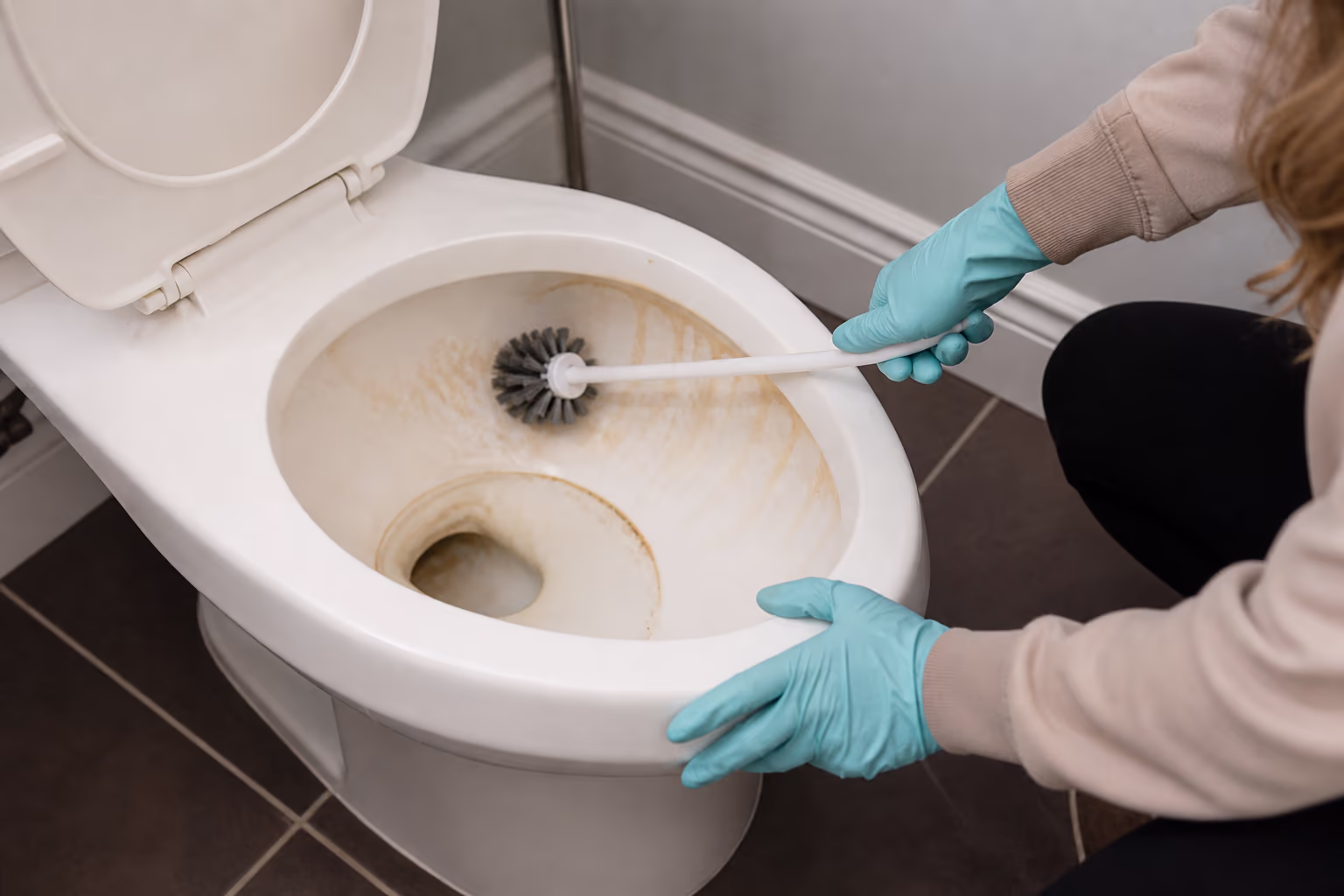A landscape view of a toilet being cleaned step by step: the bowl emptied of water, a cleaner applied at the stain, a brush working under the rim, and the porcelain dried at the end in a bright Ottawa bathroom.