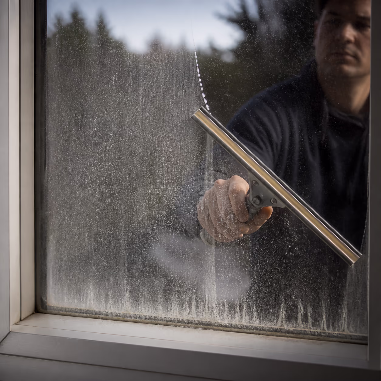 A square close-up of a residential window pane carrying a grey film of dust and rain spots, with dried mineral marks forming at the bottom edge from Ottawa hard water.
