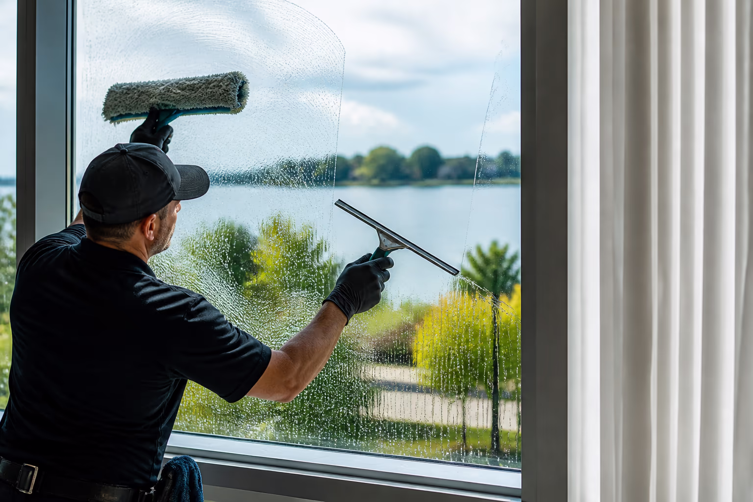 A landscape view of the professional window cleaning technique: a soft scrubber wets the glass top to bottom, a squeegee pulls down in one even stroke, and a dry microfibre cloth finishes the edges and corners.
