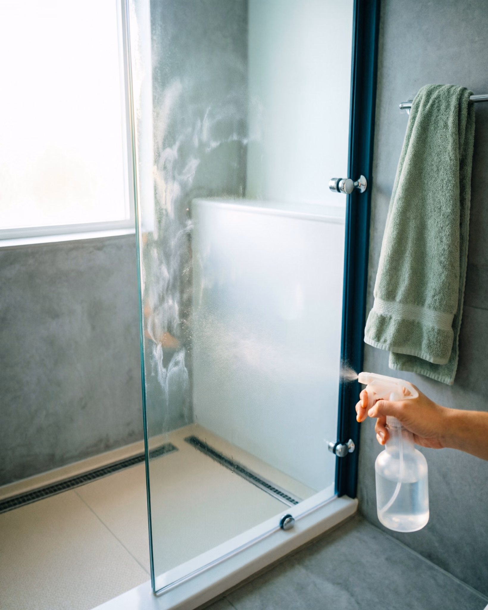 A portrait of an interior glass shower screen being cleaned after a bathroom visit, a dilute vinegar spray breaking down the hard-water film and a squeegee pulled down the pane in an Ottawa bathroom.