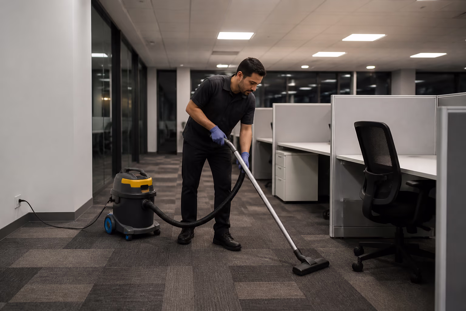 A team wiping desks, vacuuming between workstations and disinfecting shared touch points in a bright open-plan Ottawa office during an after-hours cleaning shift.