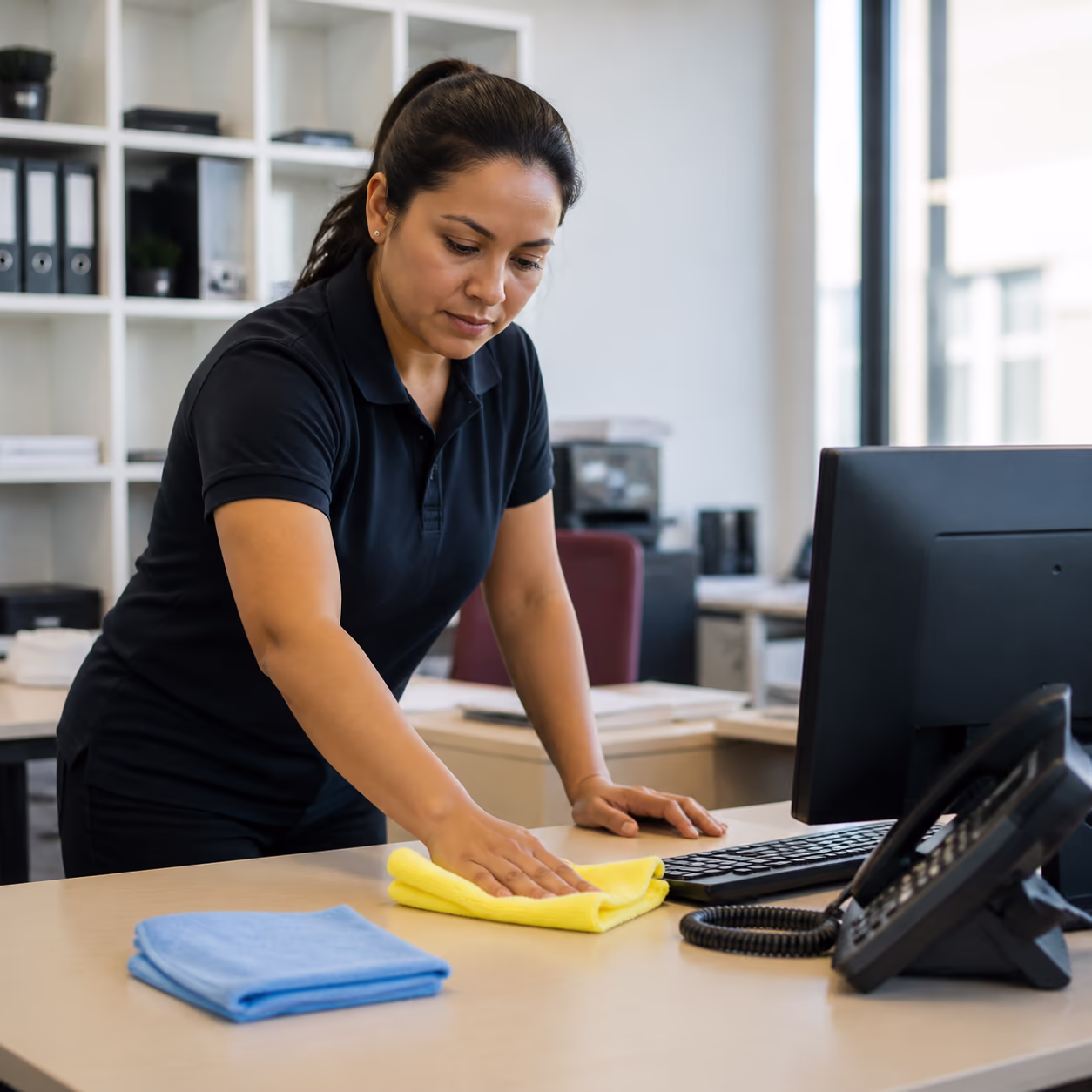A square close-up of a professional office cleaner wiping a desk, keyboard and phone with a colour-coded microfibre cloth, a second cloth set kept separate for washrooms, in a bright Ottawa office.