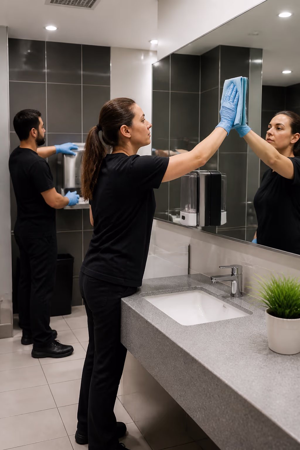 A portrait of a cleaning technician restocking an Ottawa office washroom with eco-friendly soap and paper towels, wiping the mirror, sink and high-touch dispensers after hours.