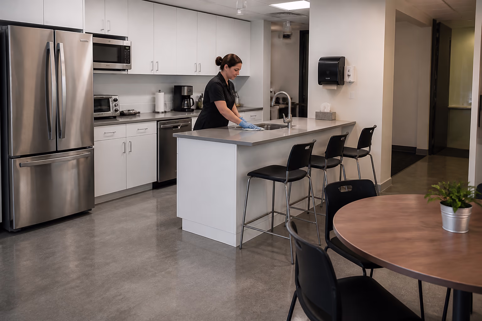 A bright office breakroom with a stainless fridge and an island counter, a cleaner working the far side.