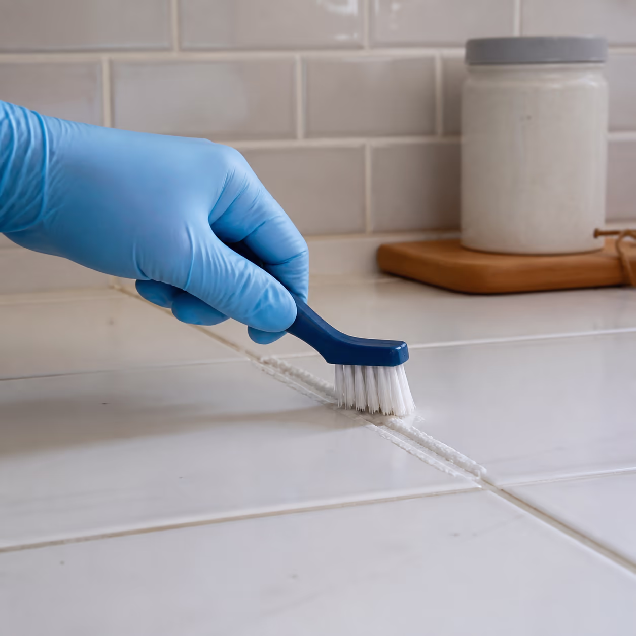 A square close-up of a hand scrubbing along a kitchen tile grout line with a soft-bristle brush and a thin layer of baking soda paste in a bright Ottawa home.