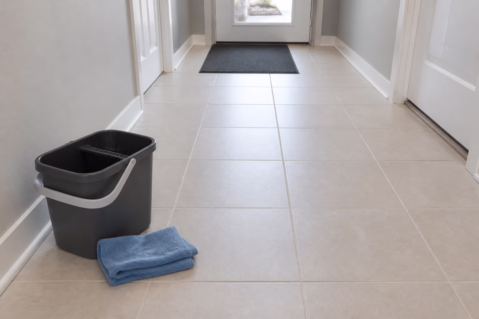 A landscape view of a freshly sealed light-grout tile floor in an Ottawa entryway, with a mat at the door and a clean bucket and microfibre cloth set aside after the deep clean.