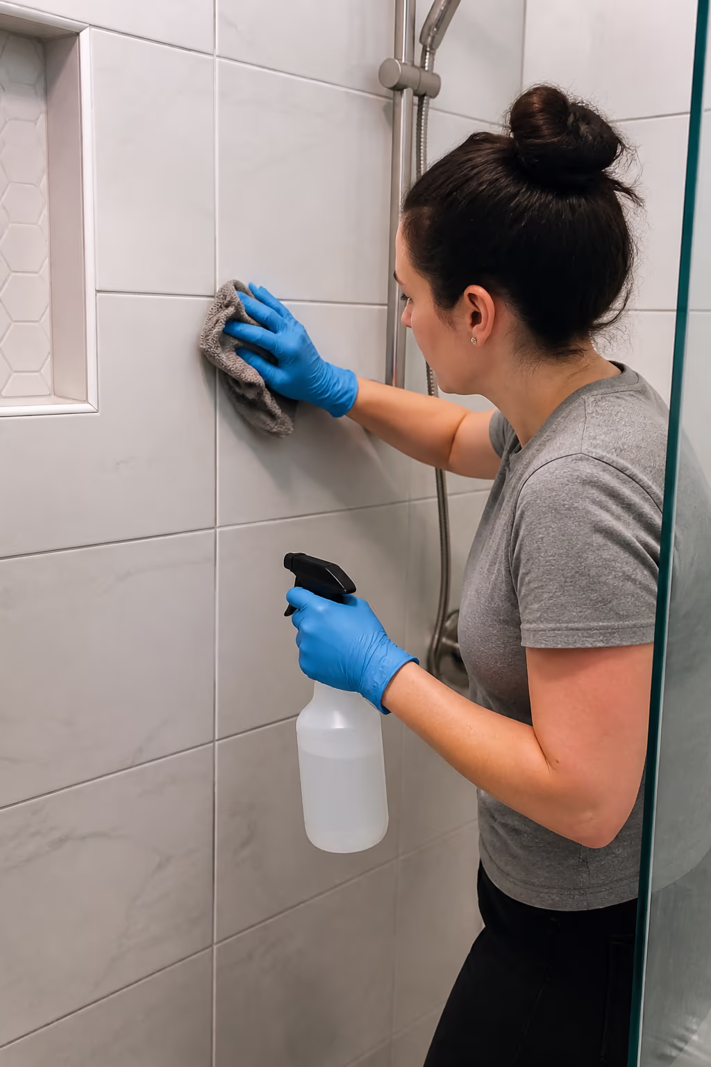 A portrait of a professional cleaner wiping a tiled shower wall and grout lines in an Ottawa bathroom, a spray bottle and soft brush in hand after a grout deep clean.
