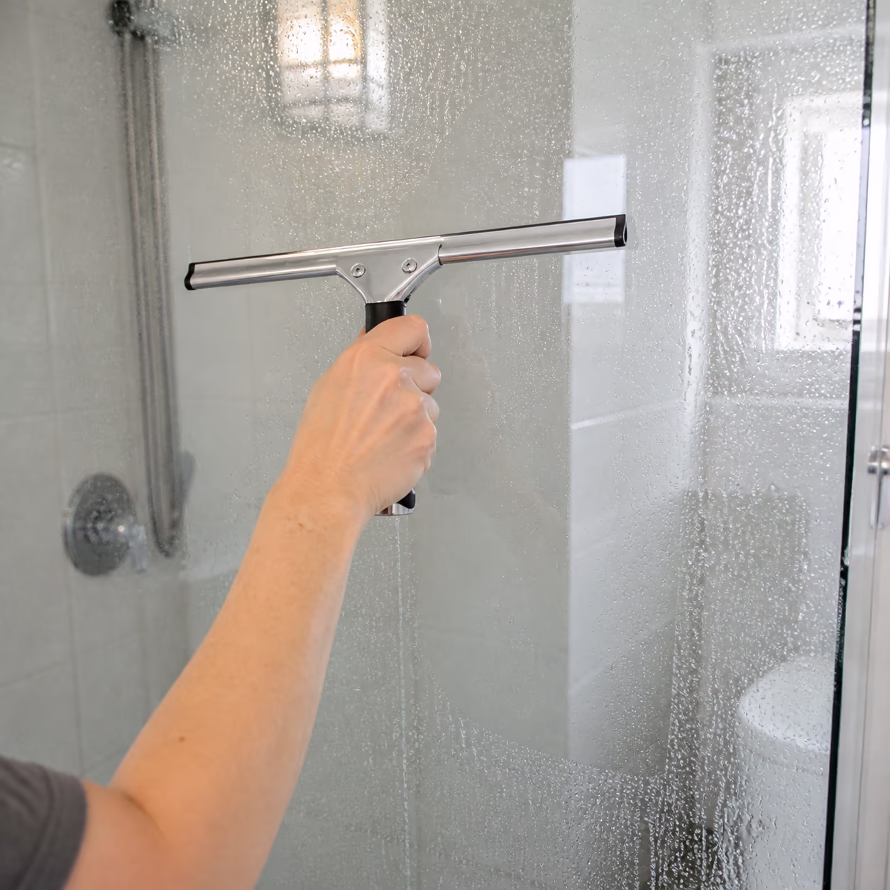 A square close-up of a hand wiping a glass shower door with a microfibre cloth after a vinegar solution has softened the mineral scale in a bright Ottawa bathroom.