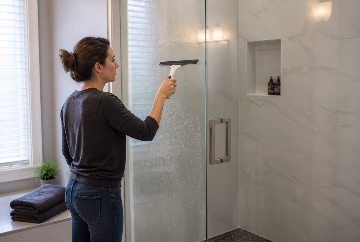 A landscape view of a clear frameless glass shower door in an Ottawa bathroom, with a squeegee on a hook and microfibre cloths folded on the shelf after a fresh clean.