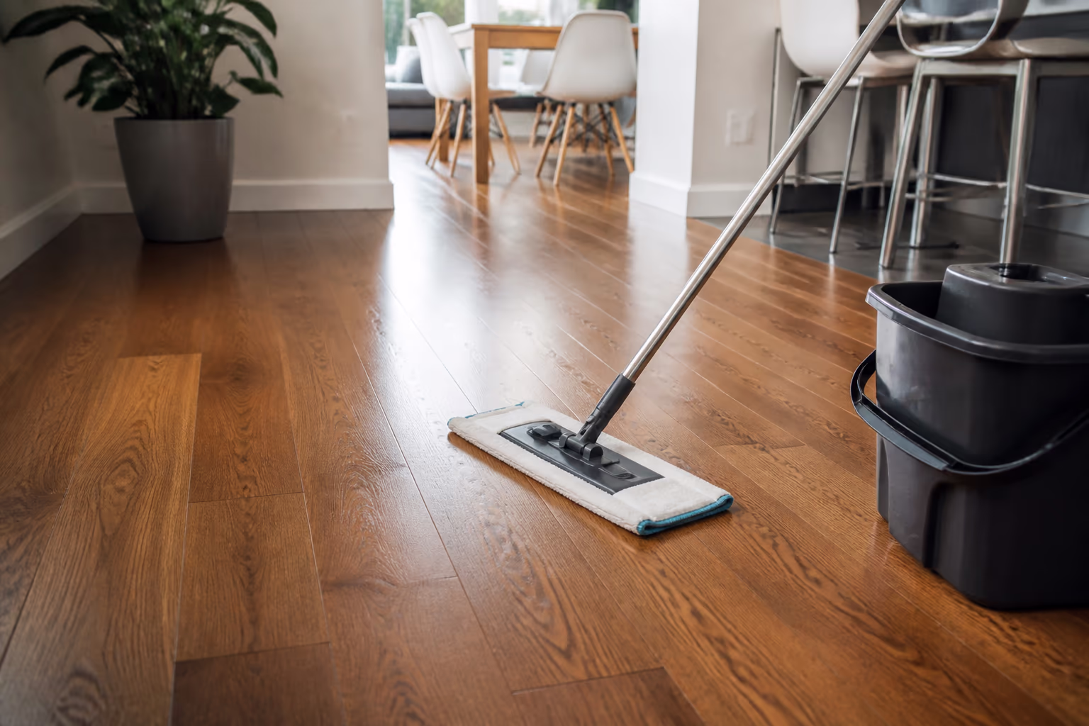 A clean, warm hardwood floor in an Ottawa home with a barely damp microfiber mop and a small bucket at the edge, ready for the damp-pass routine that protects the finish.