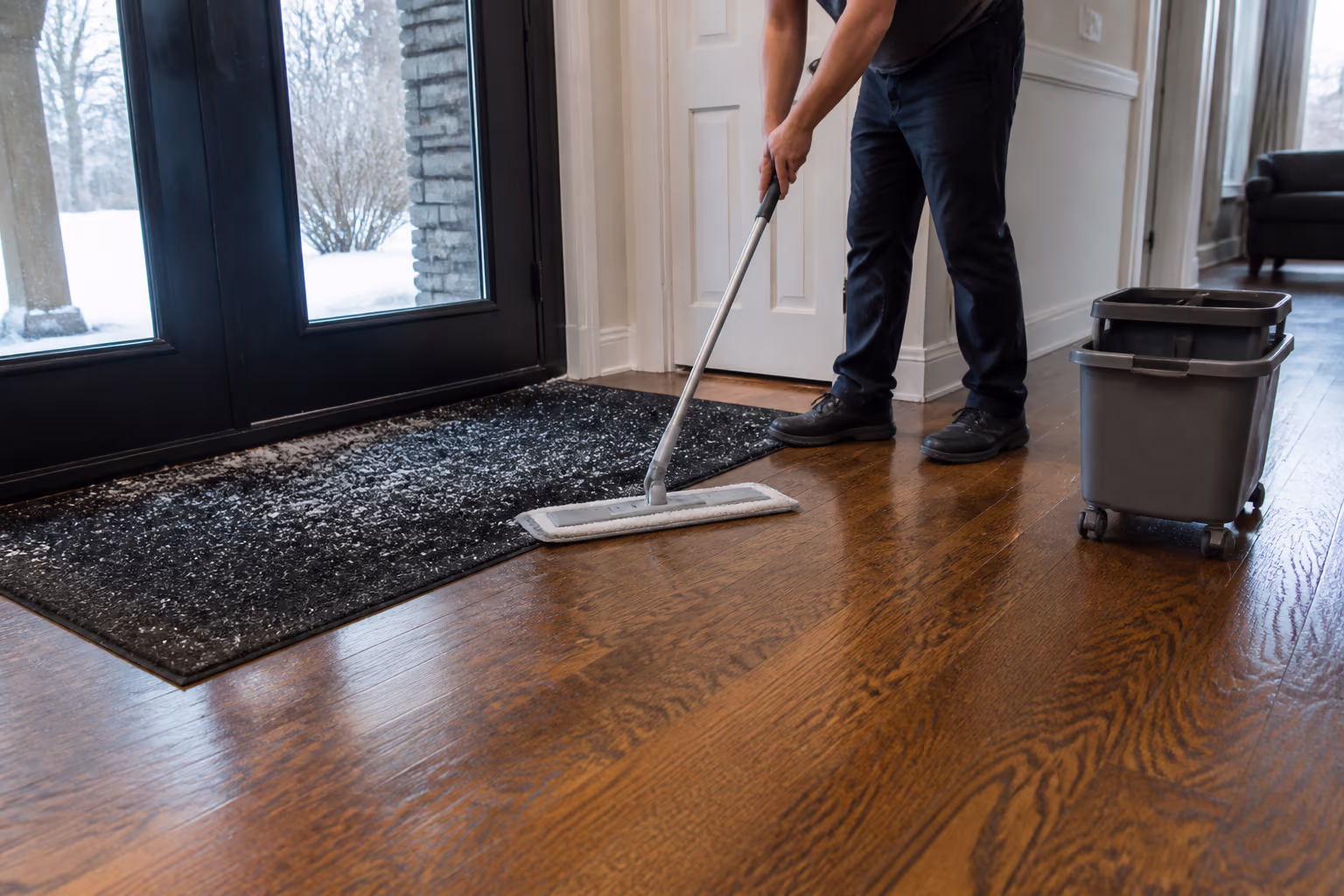 A heavy-duty mat at an Ottawa entryway catching winter salt and sand beside a warm hardwood floor, with a professional cleaner sweeping the first pass of grit away.