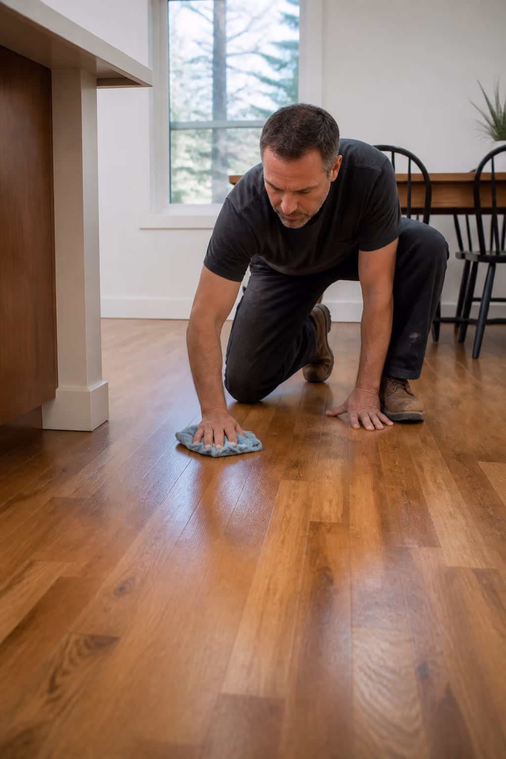 A professional cleaner kneeling to buff a warm hardwood floor in an Ottawa home, checking the finish for wear before recommending a screening.