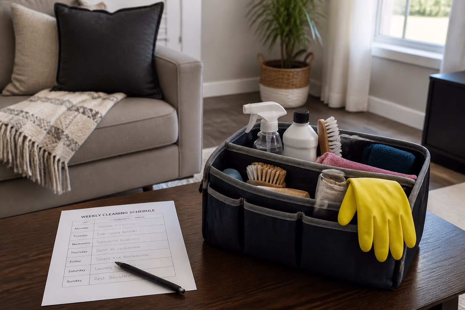 A bright Ottawa living room with a coffee table set for the week and a folded cleaning caddy beside a one-page weekly schedule, showing a calm home kept on a simple repeating plan.