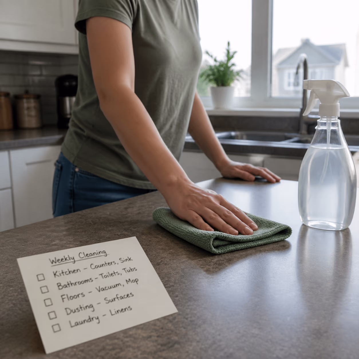 A tidy Ottawa kitchen counter with a spray bottle, folded microfiber cloth and a small card listing weekly tasks, showing why a short consistent pass keeps a home comfortable all week.