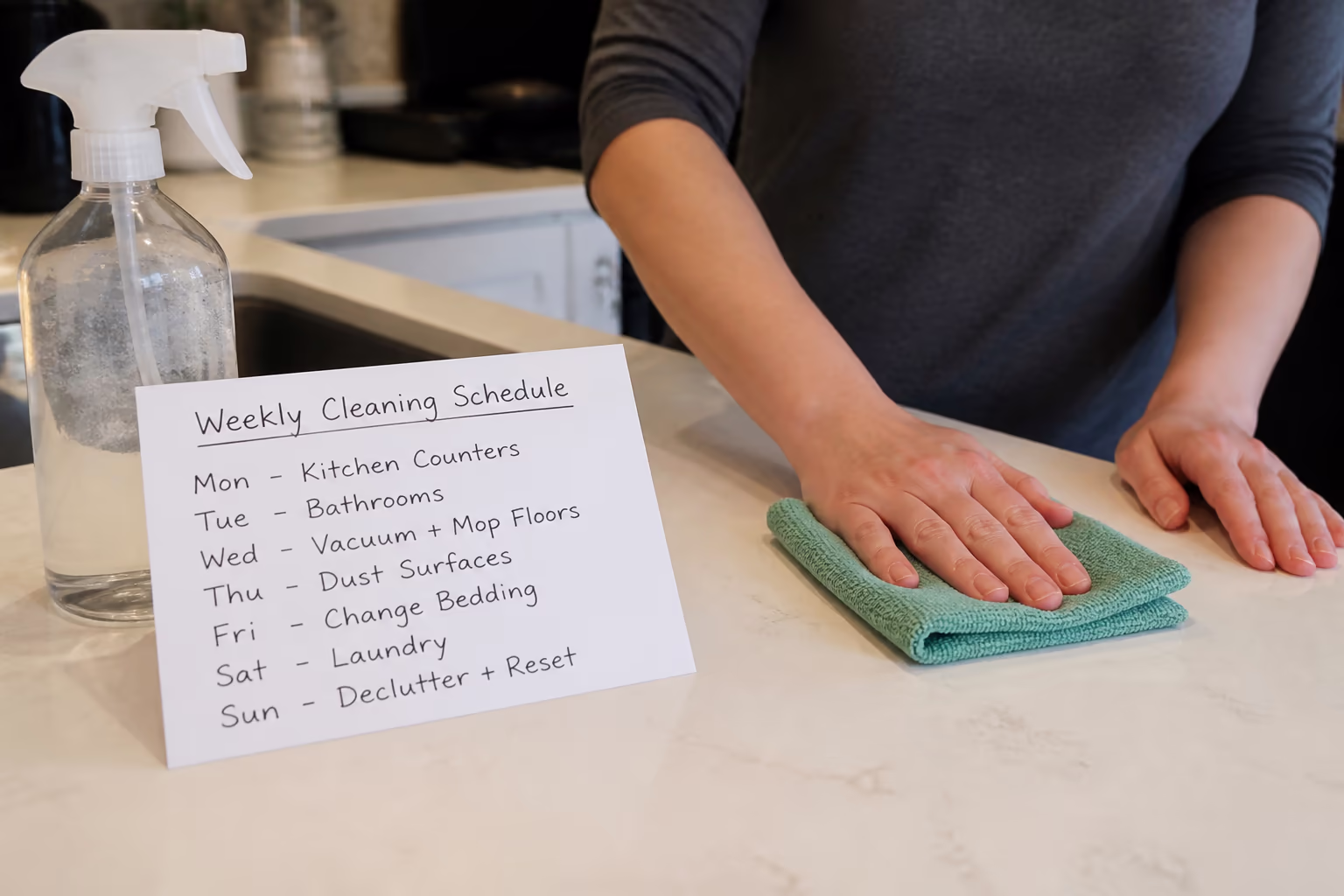 A handwritten one-line-per-day weekly cleaning schedule card on a bright Ottawa kitchen counter, with Monday through Sunday small tasks laid out beside a cloth and a spray bottle.