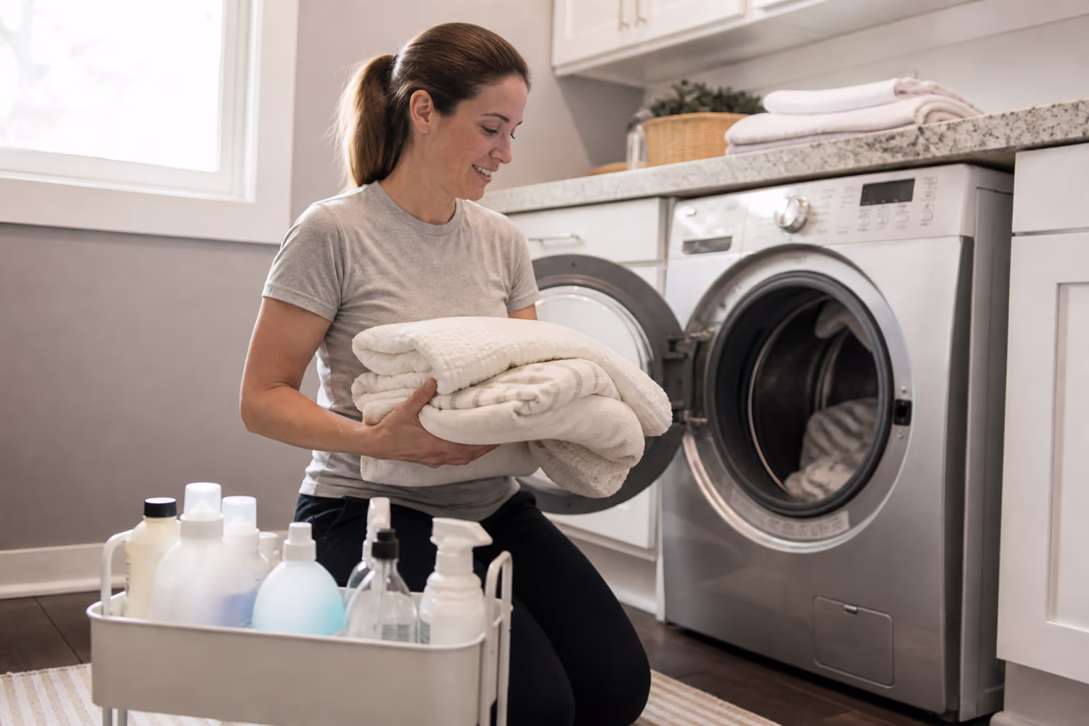 A professional cleaner holding folded linens and a caddy of laundry supplies beside an open washing machine in a bright Ottawa home laundry room, preparing to deep clean towels and bedding.