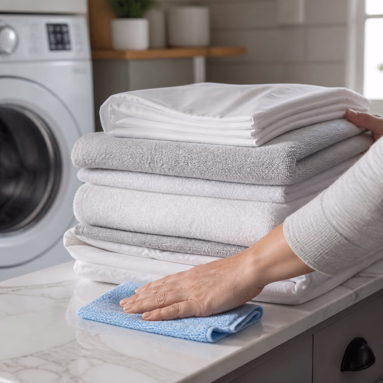 A close-up of freshly washed towels, sheets and folded laundry stacked on a counter in a bright laundry room, showing whites brightened and colour restored after a deep clean.