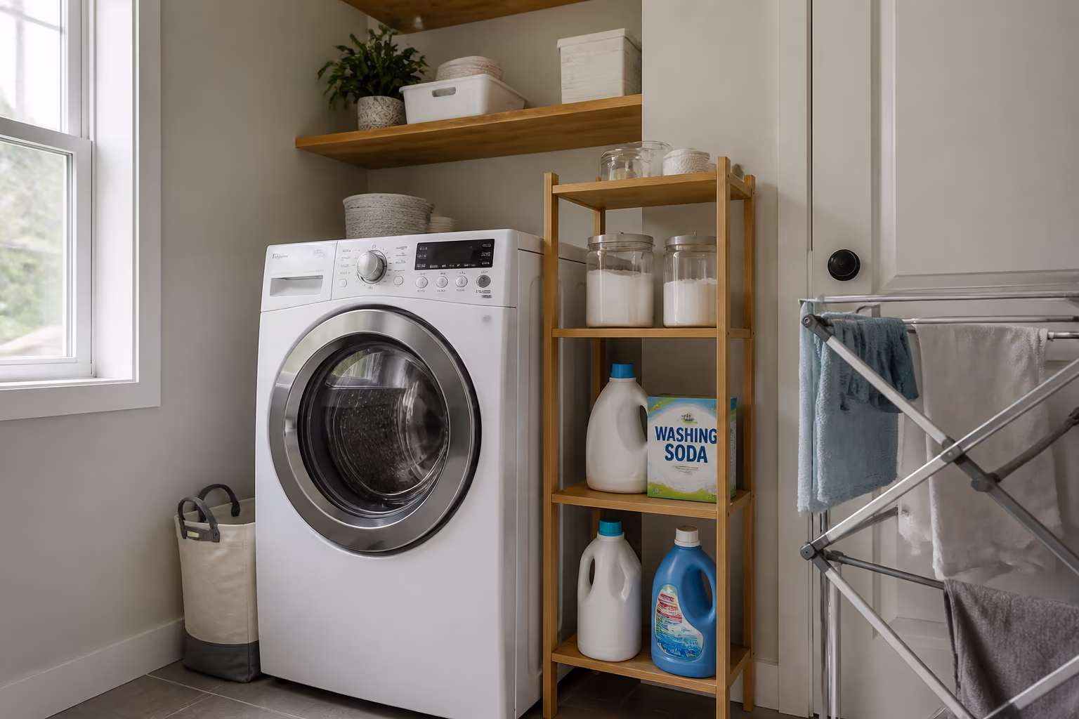 A wide view of a laundry room in a modern Ottawa home with a front-load washing machine, a drying rack and a shelf of detergent and washing soda beside a sunlit window.