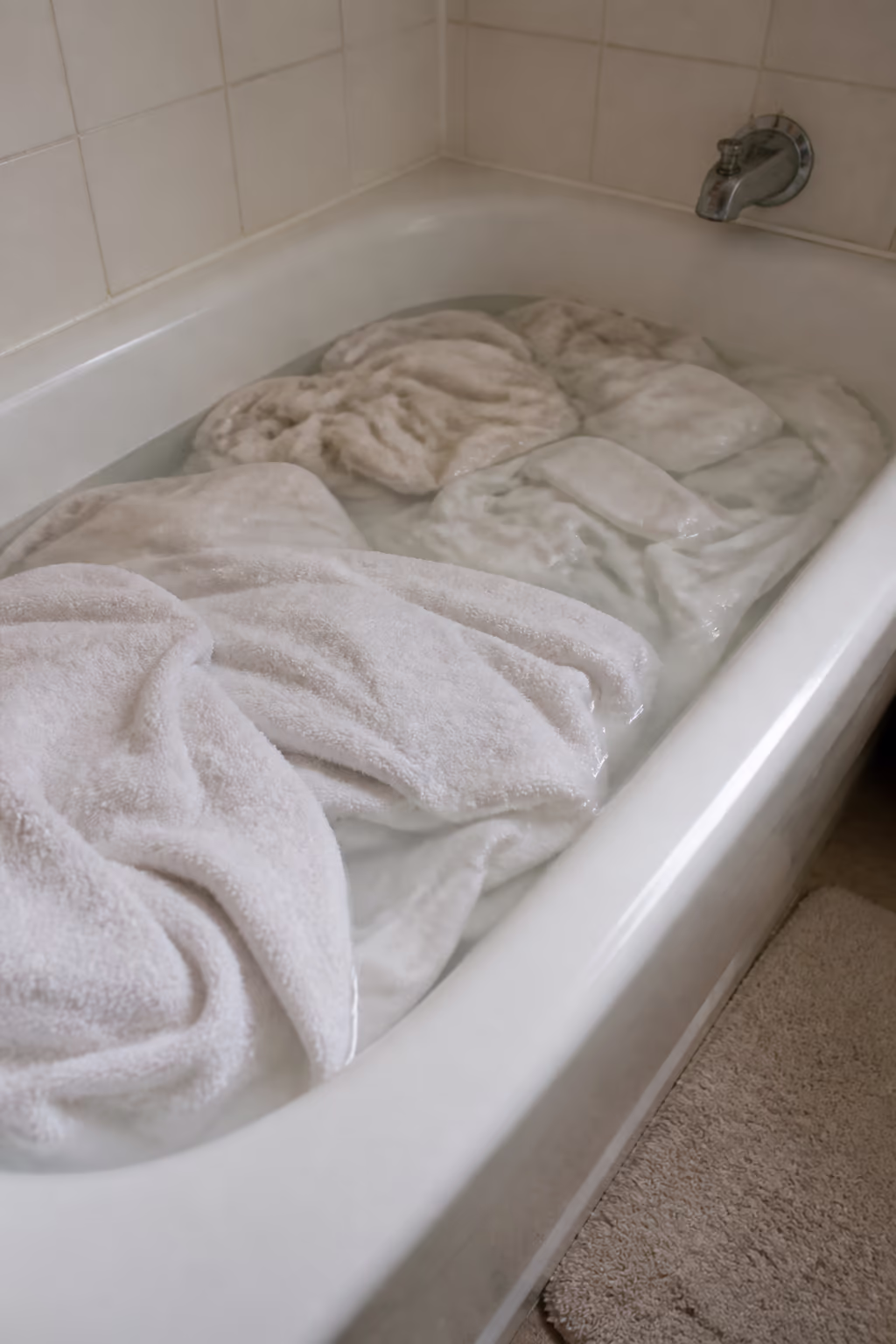 A portrait of towels and bed sheets soaking in a bathtub of hot water with a gentle stripping solution, lifting years of detergent and body-oil residue from the fabric.