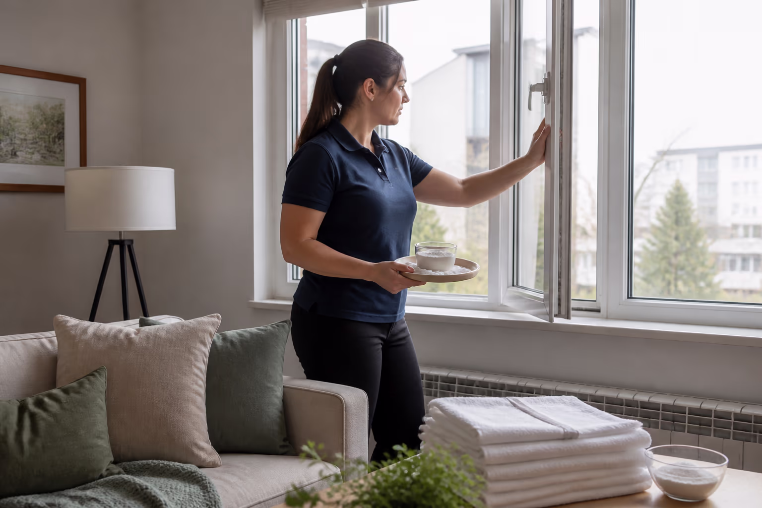 A professional cleaner airing out a bright Ottawa living room, opening a window and holding a small tray of baking soda beside fresh linens, preparing to freshen a home with gentle odour control.