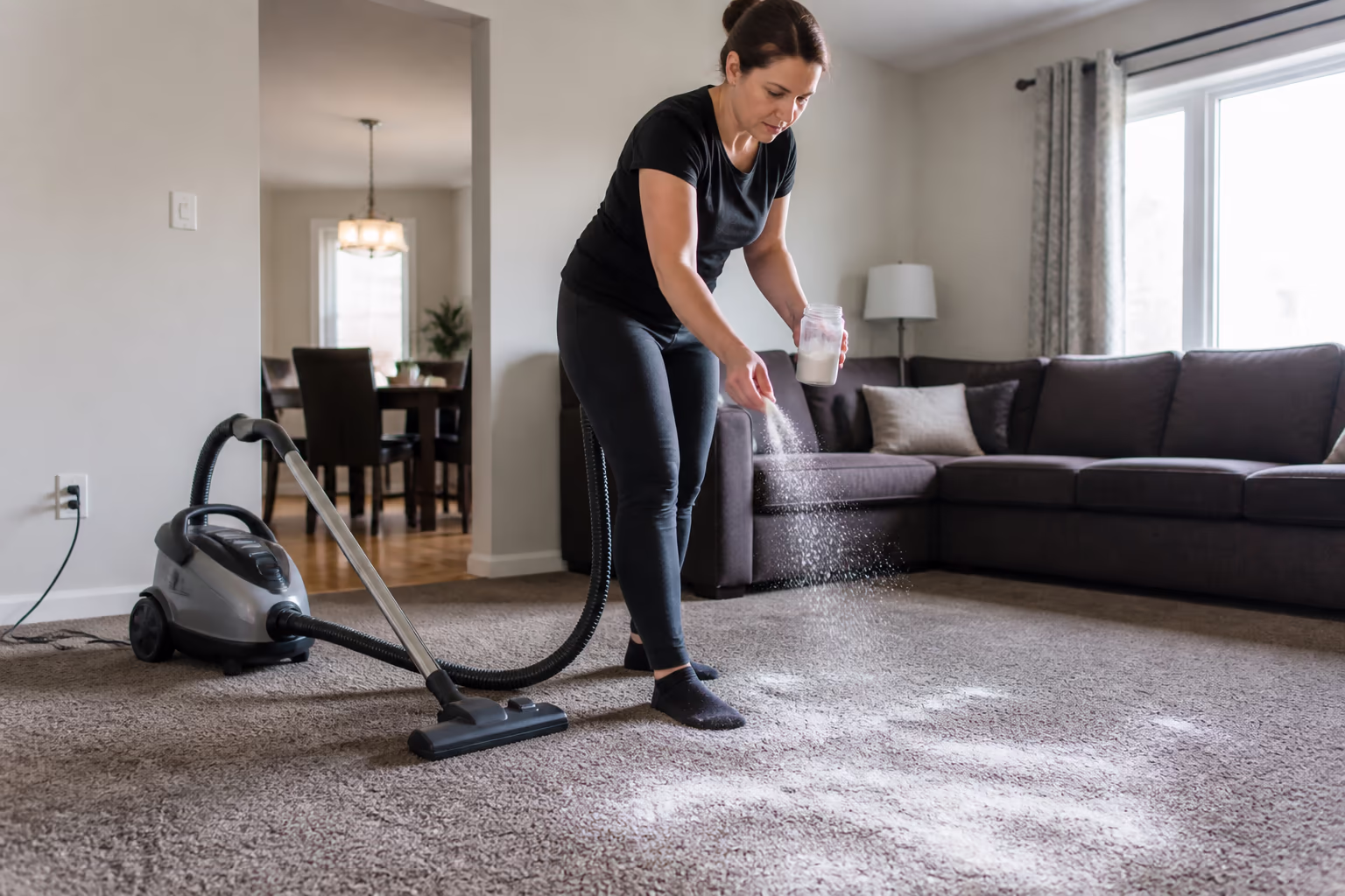 A professional cleaner sprinkling baking soda over a carpet in a bright Ottawa living room before vacuuming it up, freshening fabric that holds onto odours.