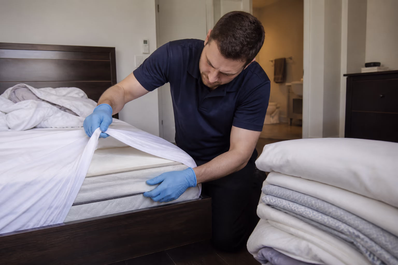 A residential cleaner in an Ottawa bedroom preparing a bed bug quick response, gloved hand lifting a folded corner of the mattress while a stack of clean, freshly dried bedding waits beside the bed.