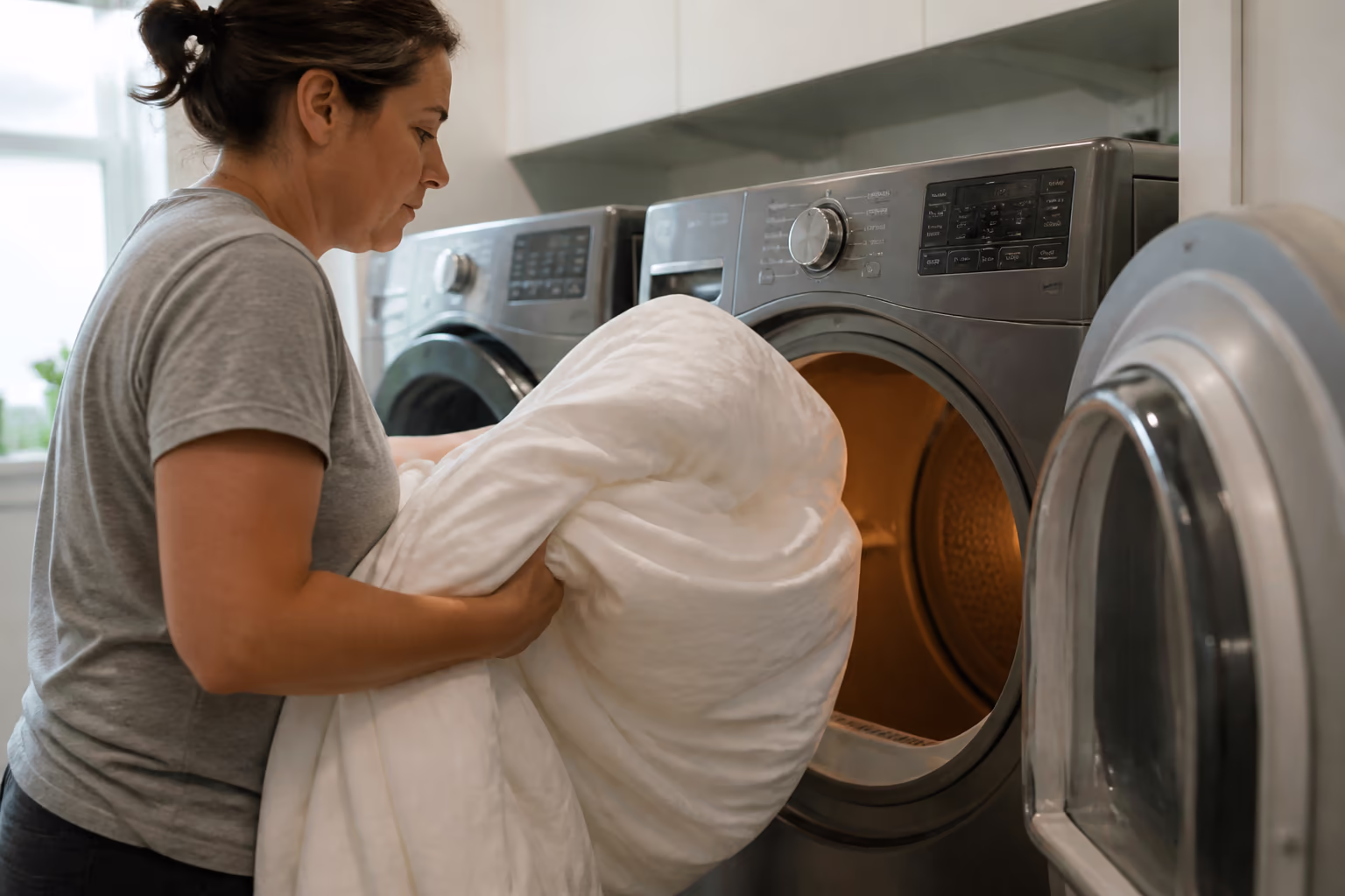 A wide view of a residential laundry room where a cleaner loads bedding into a hot dryer, the long, hot cycle that kills every life stage of bed bugs on washable fabric.