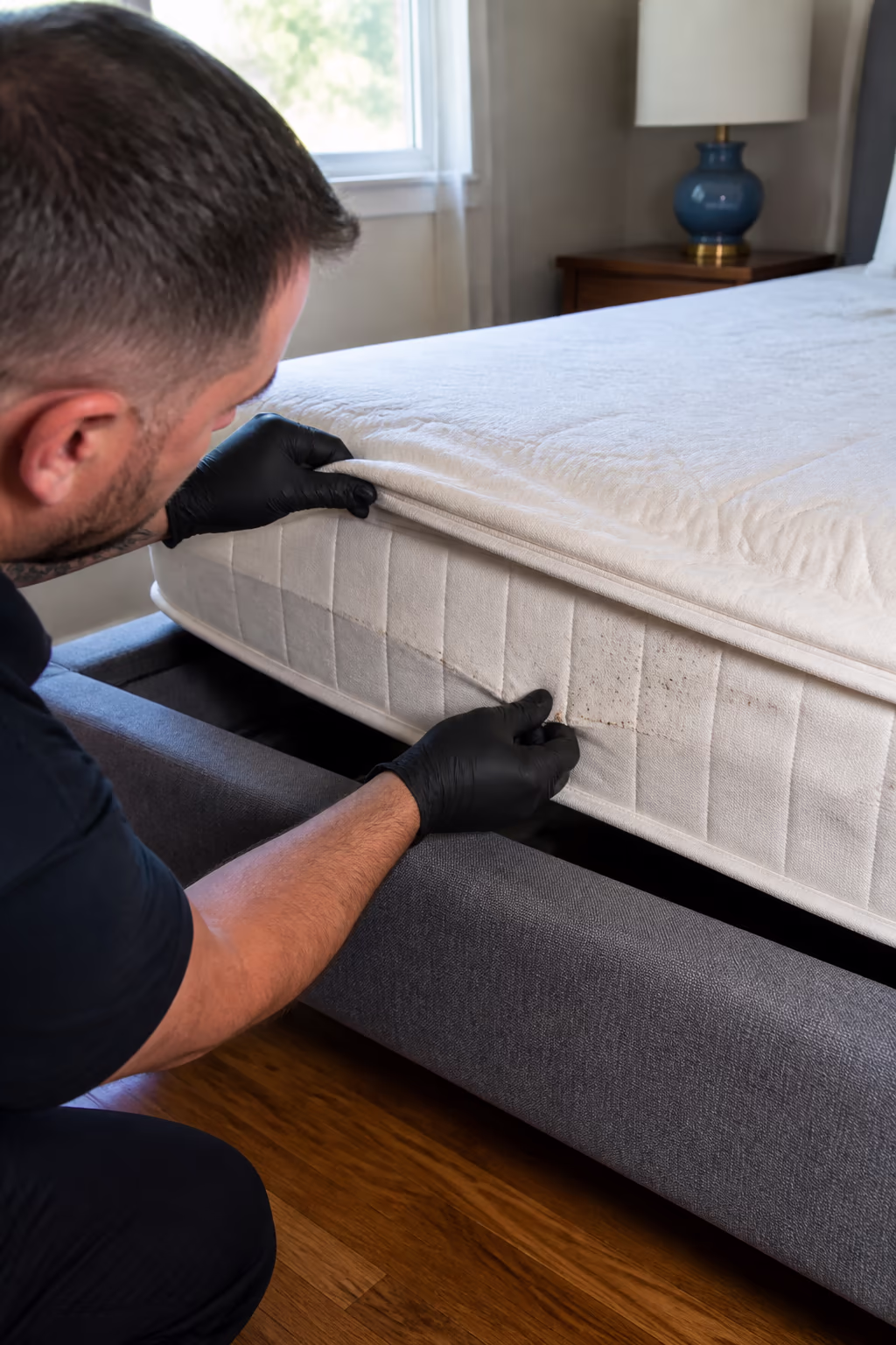 A portrait of a gloved hand lifting the edge of a mattress in a bright Ottawa bedroom to inspect the seam for the dark spots and tiny shed skins that confirm bed bugs before any treatment starts.