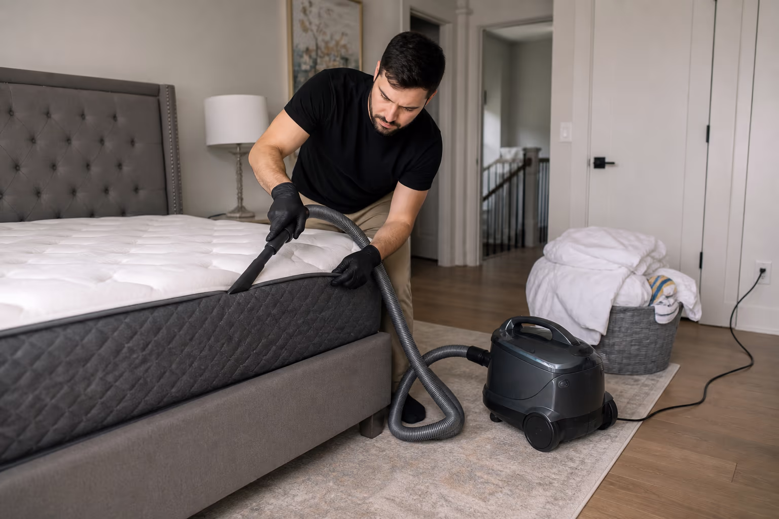 A residential cleaner in an Ottawa bedroom vacuuming a mattress seam with a HEPA vacuum crevice tool, freshly stripped bedding ready for a hot wash beside the bed.