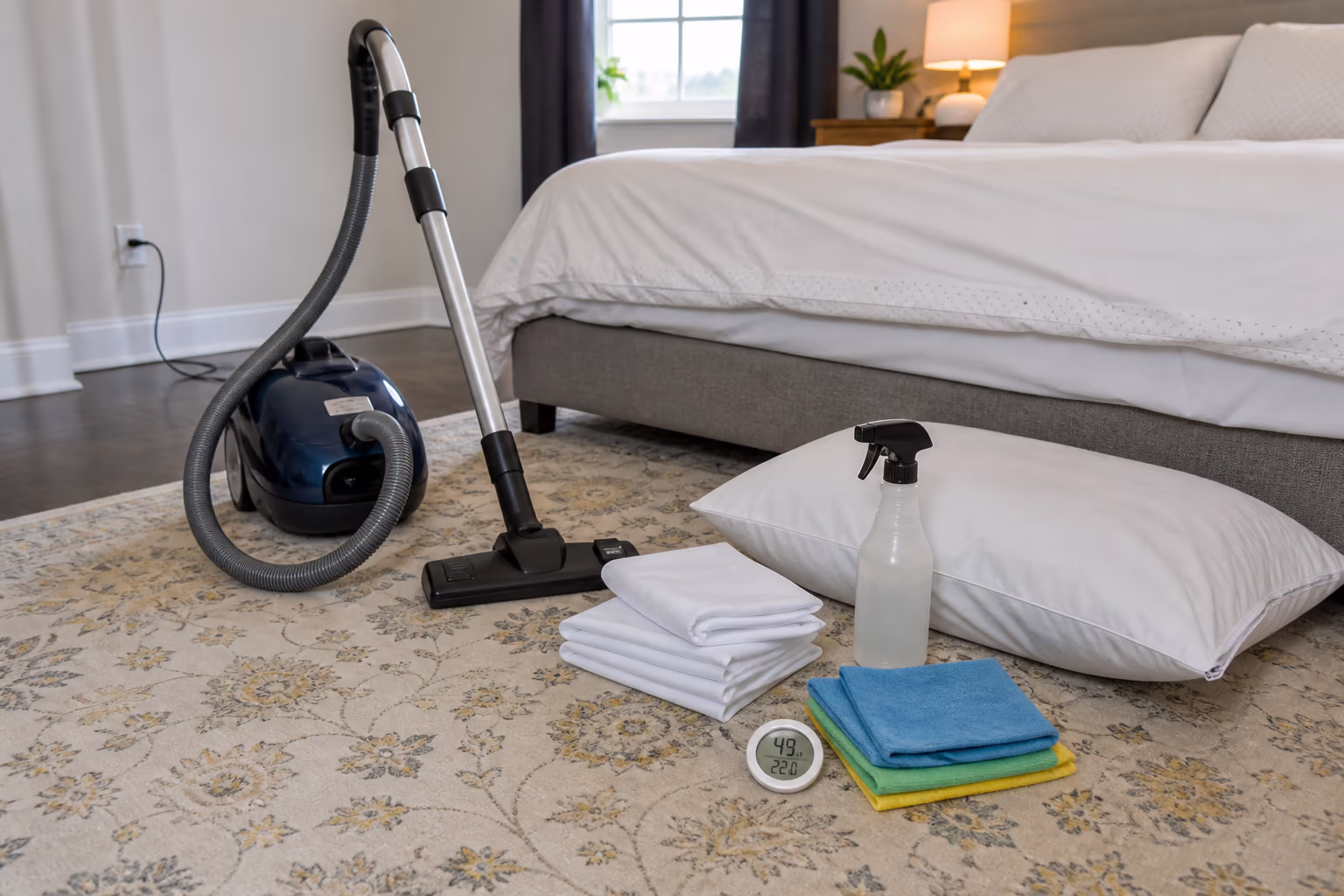 A wide view of a dust mite control kit on an Ottawa bedroom floor: a HEPA vacuum with crevice tool, allergen-proof mattress and pillow covers, microfibre cloths, a spray bottle and a hygrometer laid out and ready.