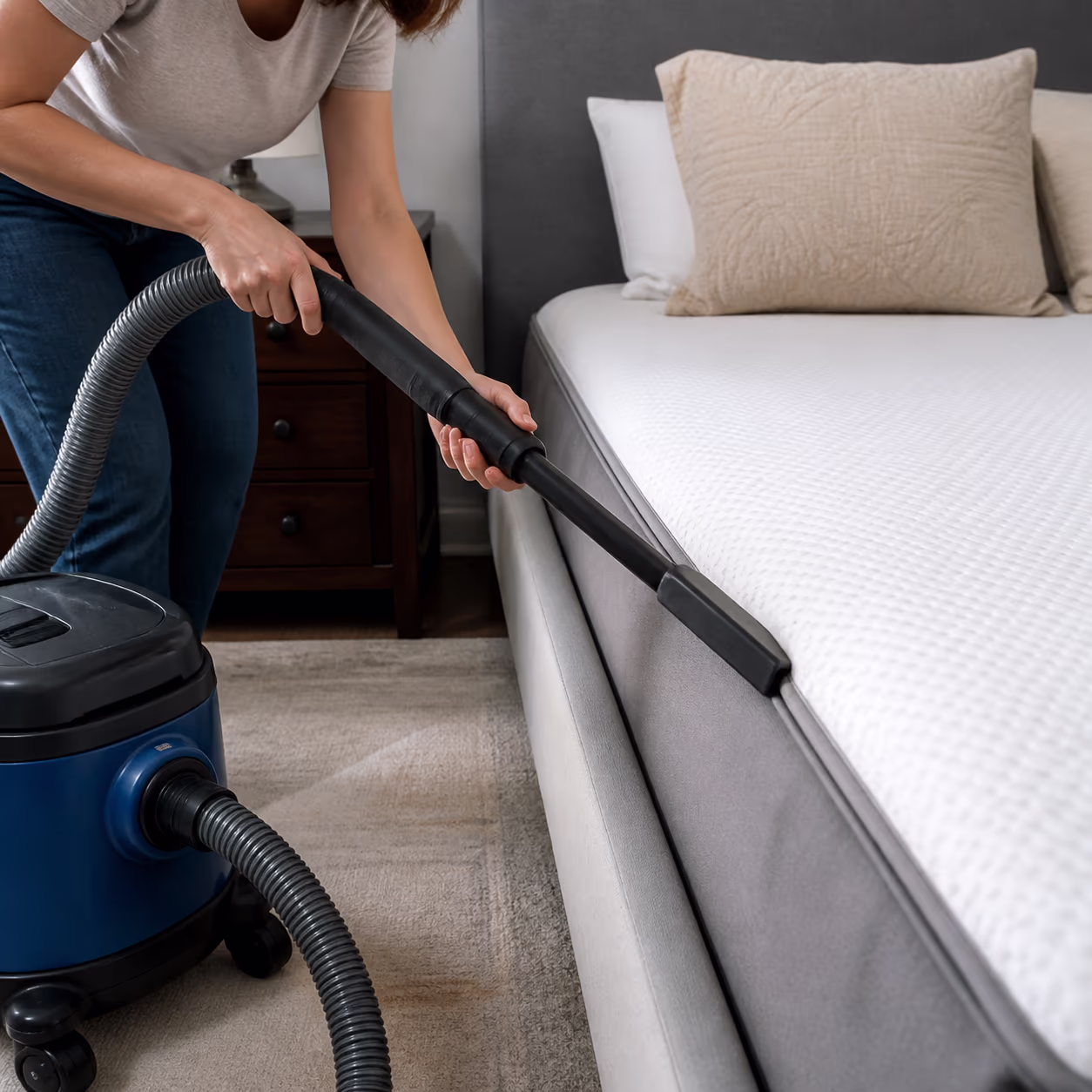 A square close-up of a HEPA vacuum nozzle running along the seam of a mattress in an Ottawa bedroom, the crevice tool lifting the dust and skin flakes where dust mites concentrate.