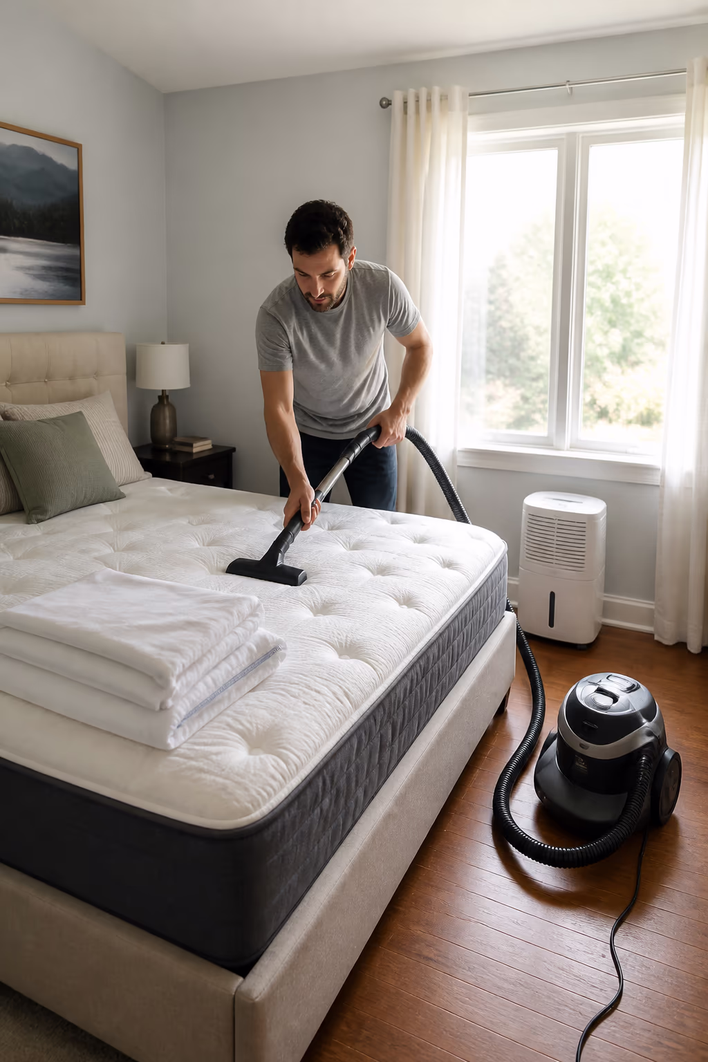 A portrait of a bright Ottawa bedroom after a natural dust mite reset, the mattress freshly vacuumed and aired in daylight, allergen-proof covers folded on the duvet and a small dehumidifier near the window.