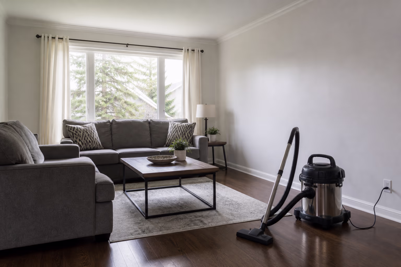A wide view of a freshly deep-cleaned Ottawa living room after a smoke odour restoration, clean walls, washed windows, freshly laundered curtains and a HEPA vacuum with a clean filter standing by the baseboard.