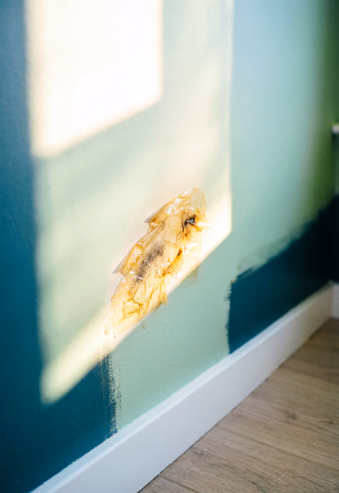 A square close-up of a microfibre cloth lifting the sticky yellowish tar-and-nicotine film off a painted wall in an Ottawa home, the residue that keeps re-releasing smoke smell long after the smoking stops.