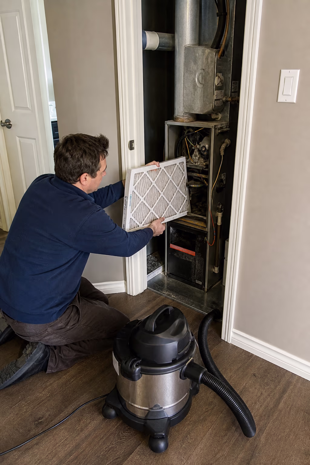 A portrait of a residential cleaner in an Ottawa home changing a furnace filter and vacuuming a vent cover as part of a smoke odour deep clean, the airflow systems that carry the smell through the house.
