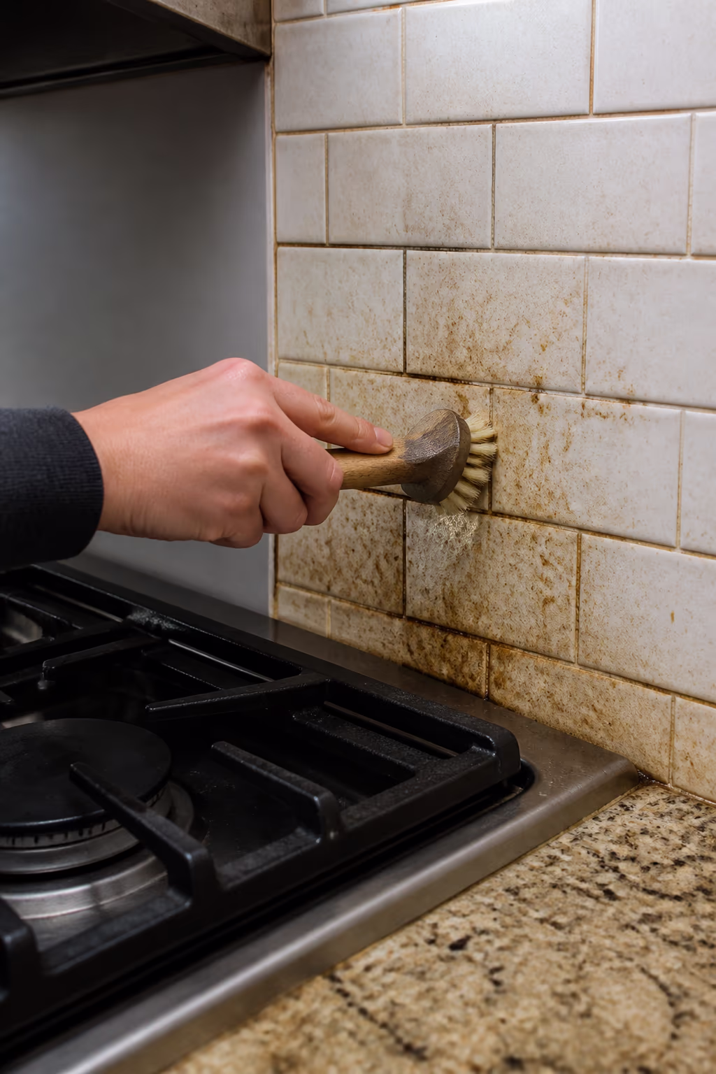 A portrait of a kitchen degreasing close-up in an Ottawa home, a soft brush lifting baked-on grease from the grout lines of a tile backsplash behind a residential stove.