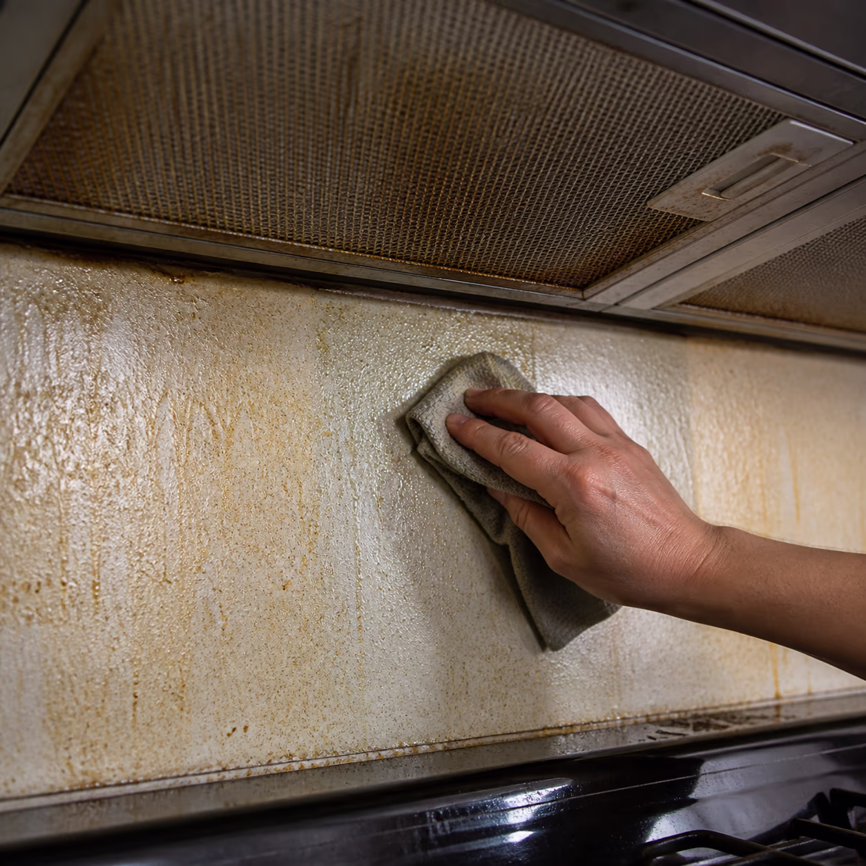 A square close-up of the sticky amber grease film on a kitchen range hood filter and the wall above the stove in an Ottawa home, the residue that cooking heat bakes into a hard coating.